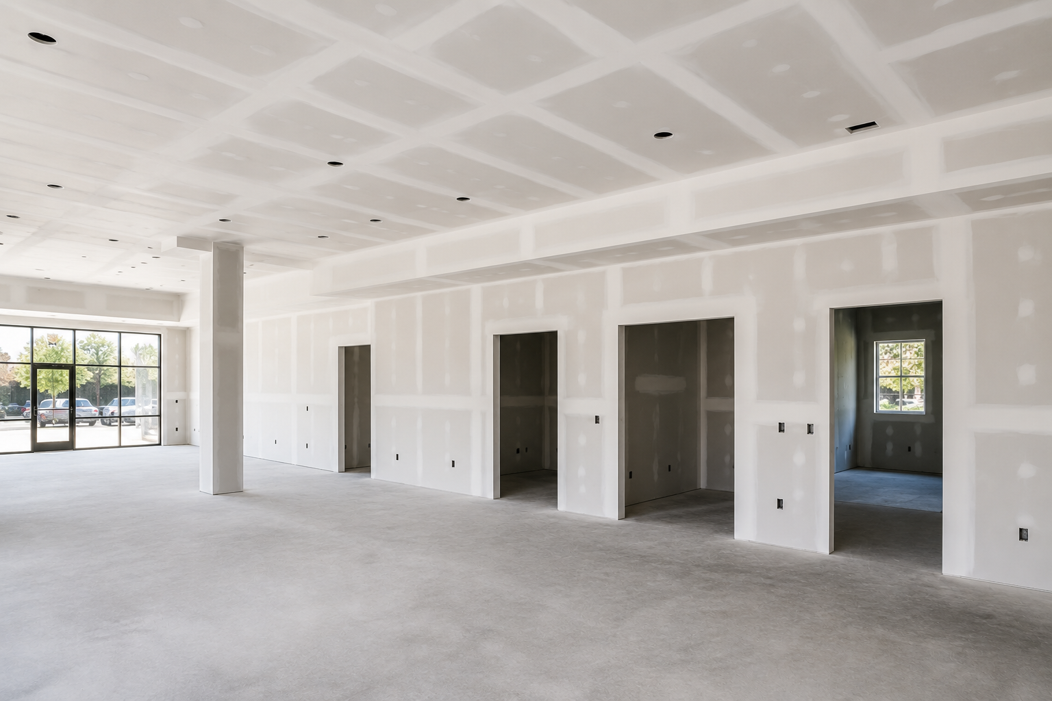 Commercial office space with finished drywall walls and ceilings