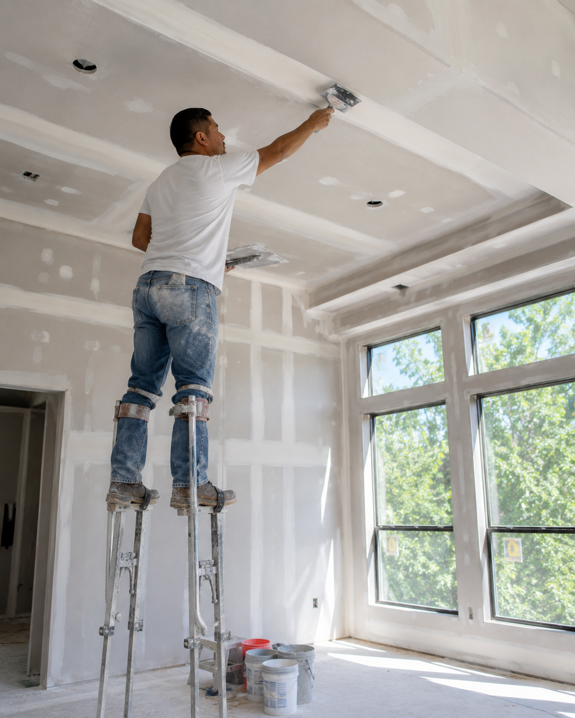 Drywall finisher on stilts working a high ceiling