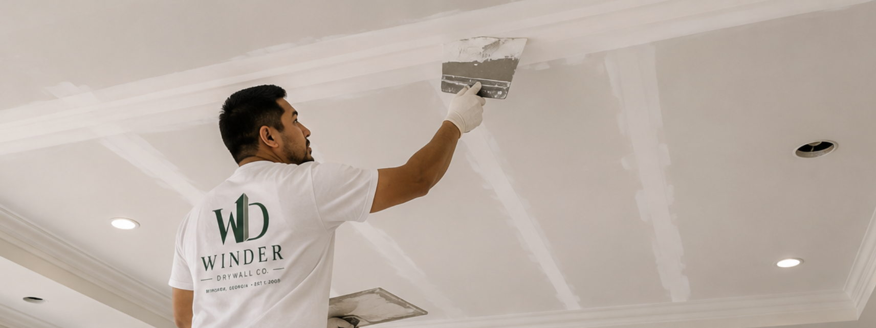 Joint compound being applied to a ceiling seam