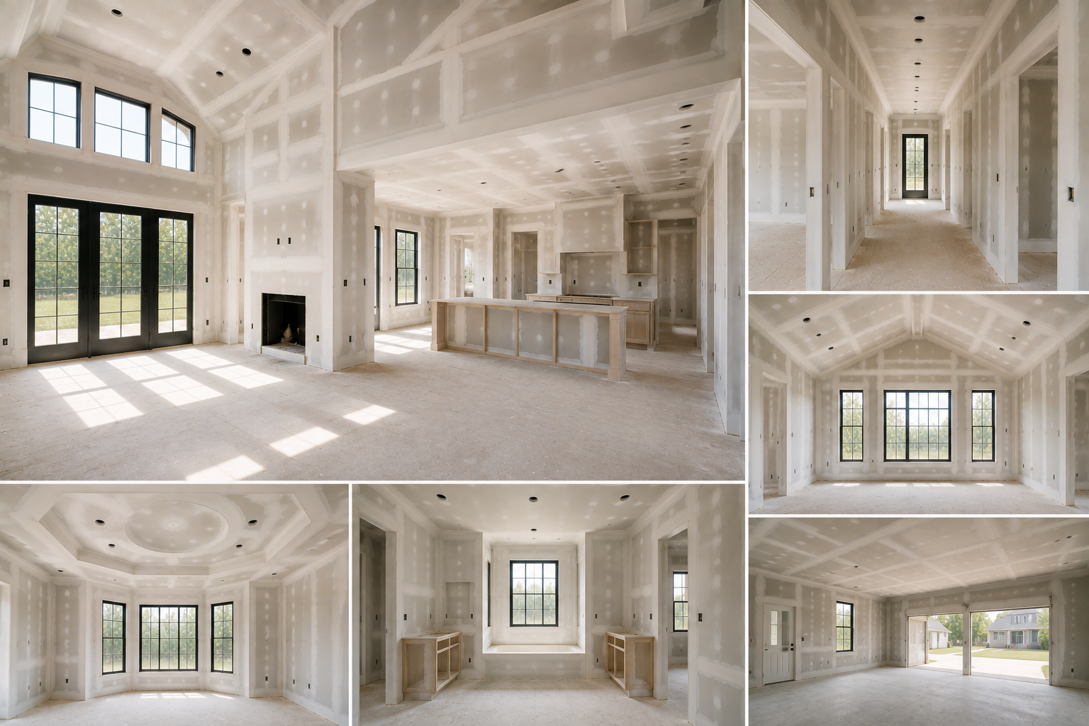 Rooms of a custom home during the drywall installation phase