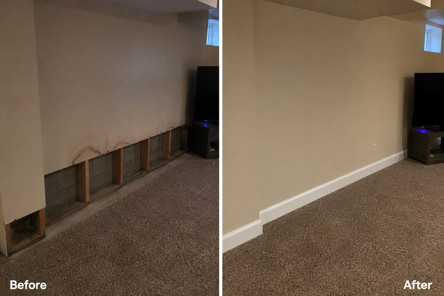 Basement wall water damage before and after repair