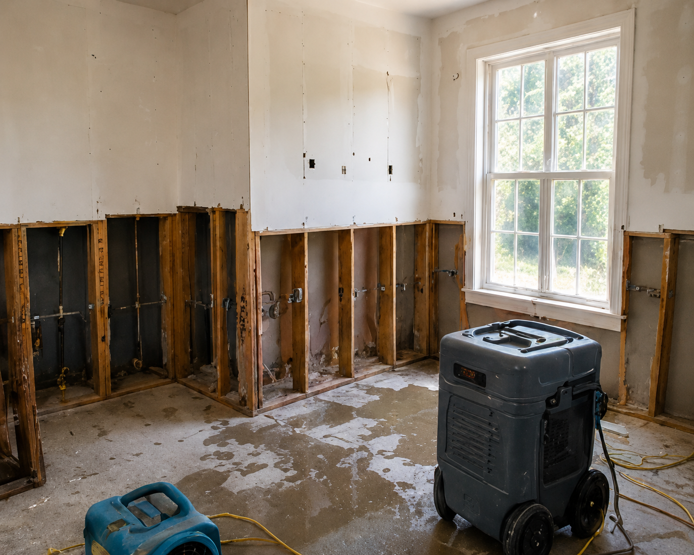 Drying equipment running in a room after water damage, with wet drywall removed