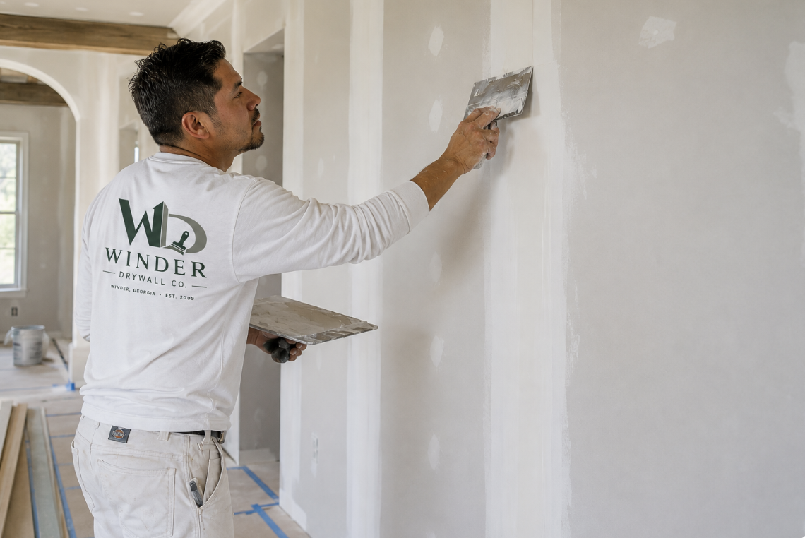 Craftsman applying a smooth skim coat to a wall