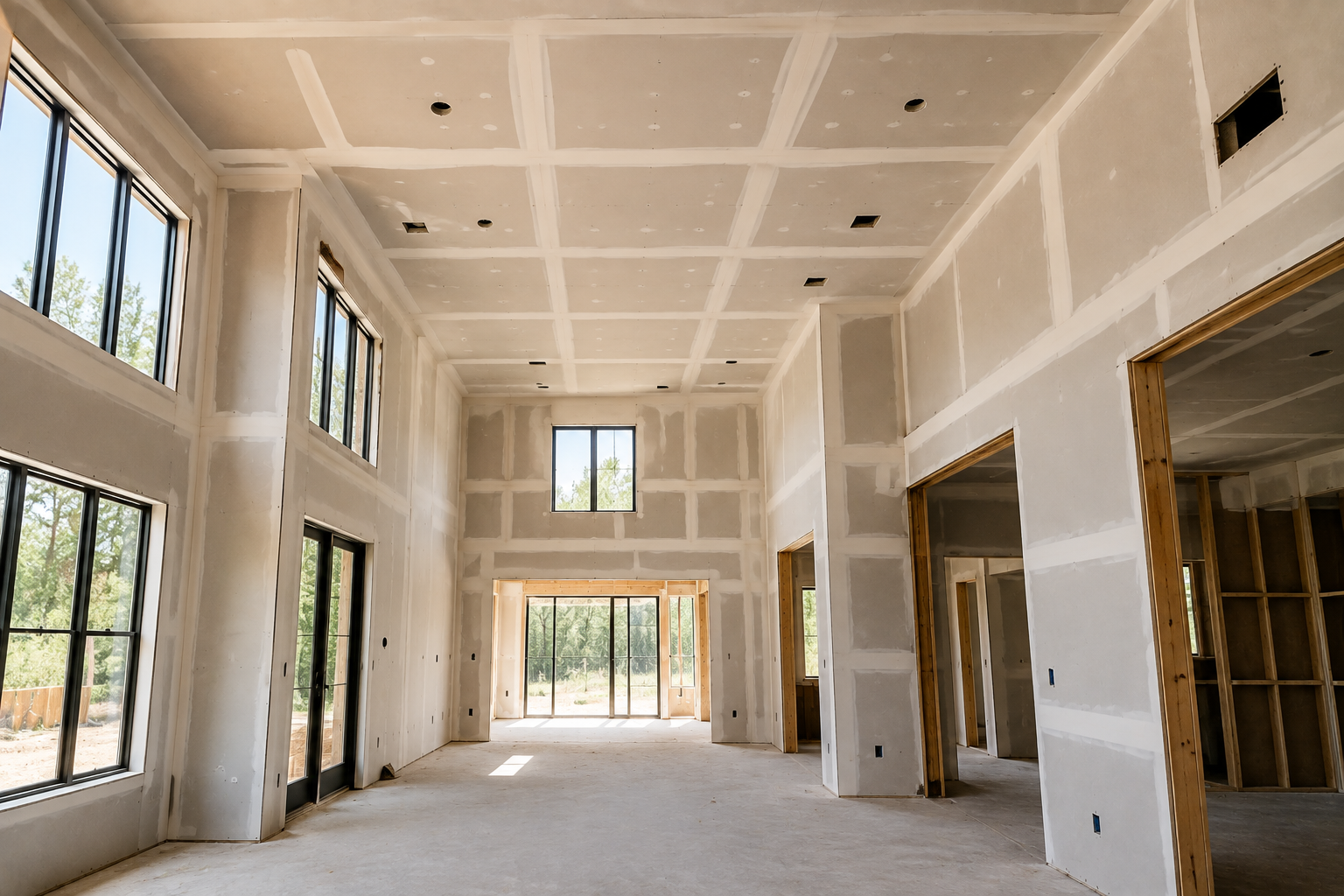 Custom home great room during the drywall hanging phase with vaulted ceilings and tall windows