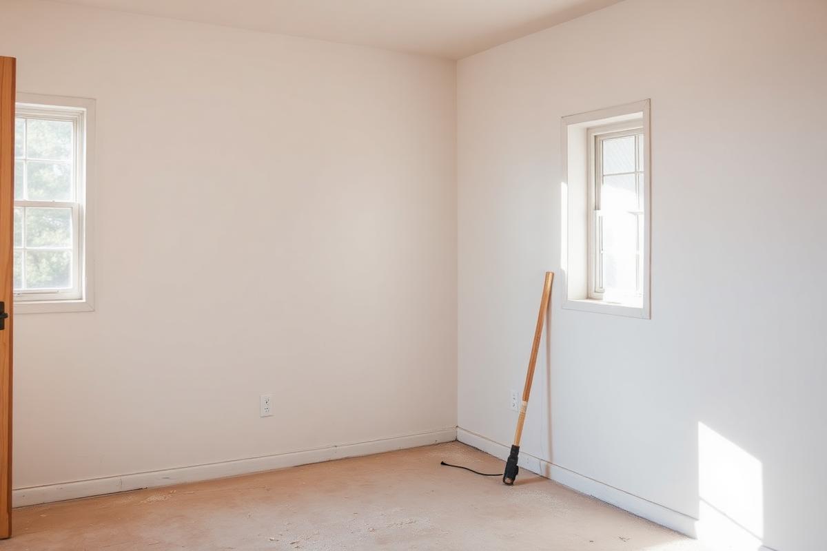 Finished and primed drywall wall in an empty room with daylight raking across the surface