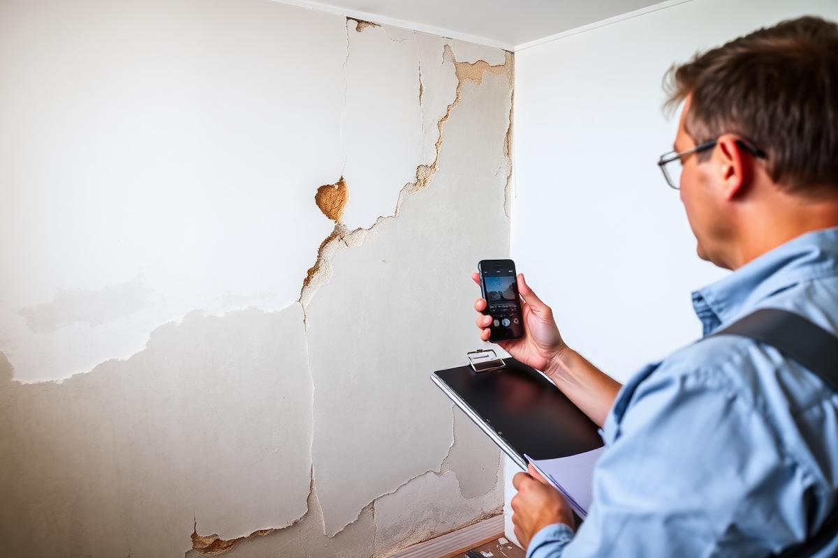 Water damaged wall being photographed and documented on a clipboard for an insurance claim
