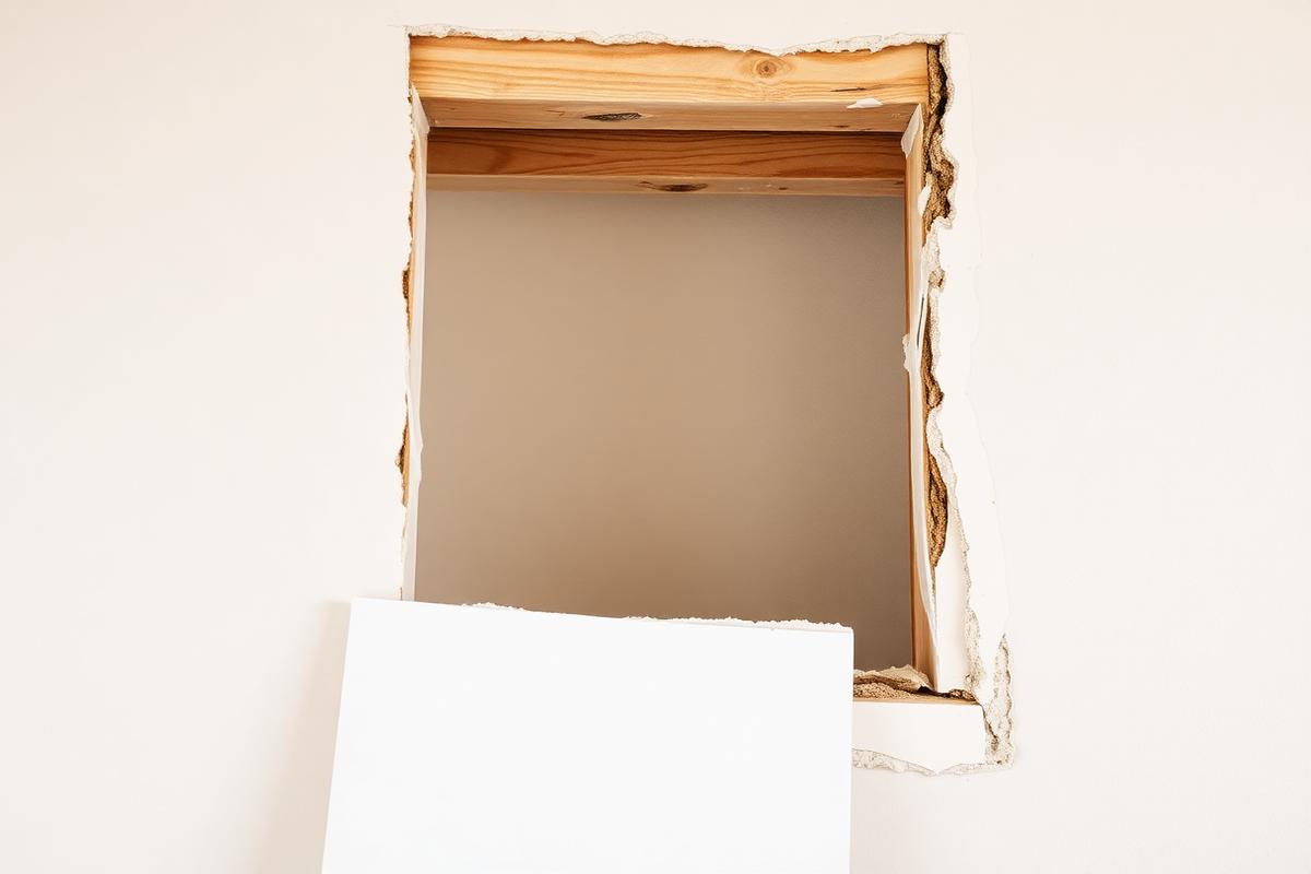 Damaged section cut out of a wall with a wood backer strip installed and a fresh patch piece ready