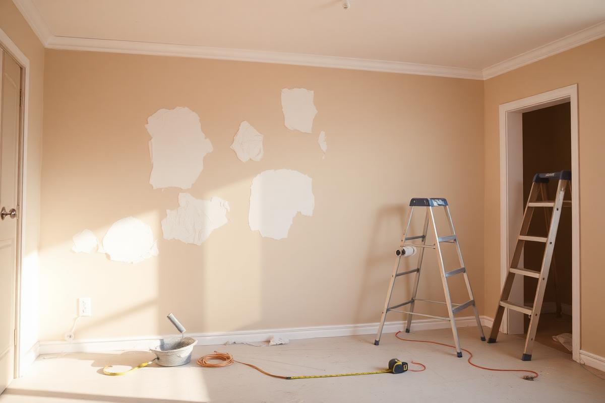 Room mid repair with several patched areas drying on the wall and tools staged on the floor
