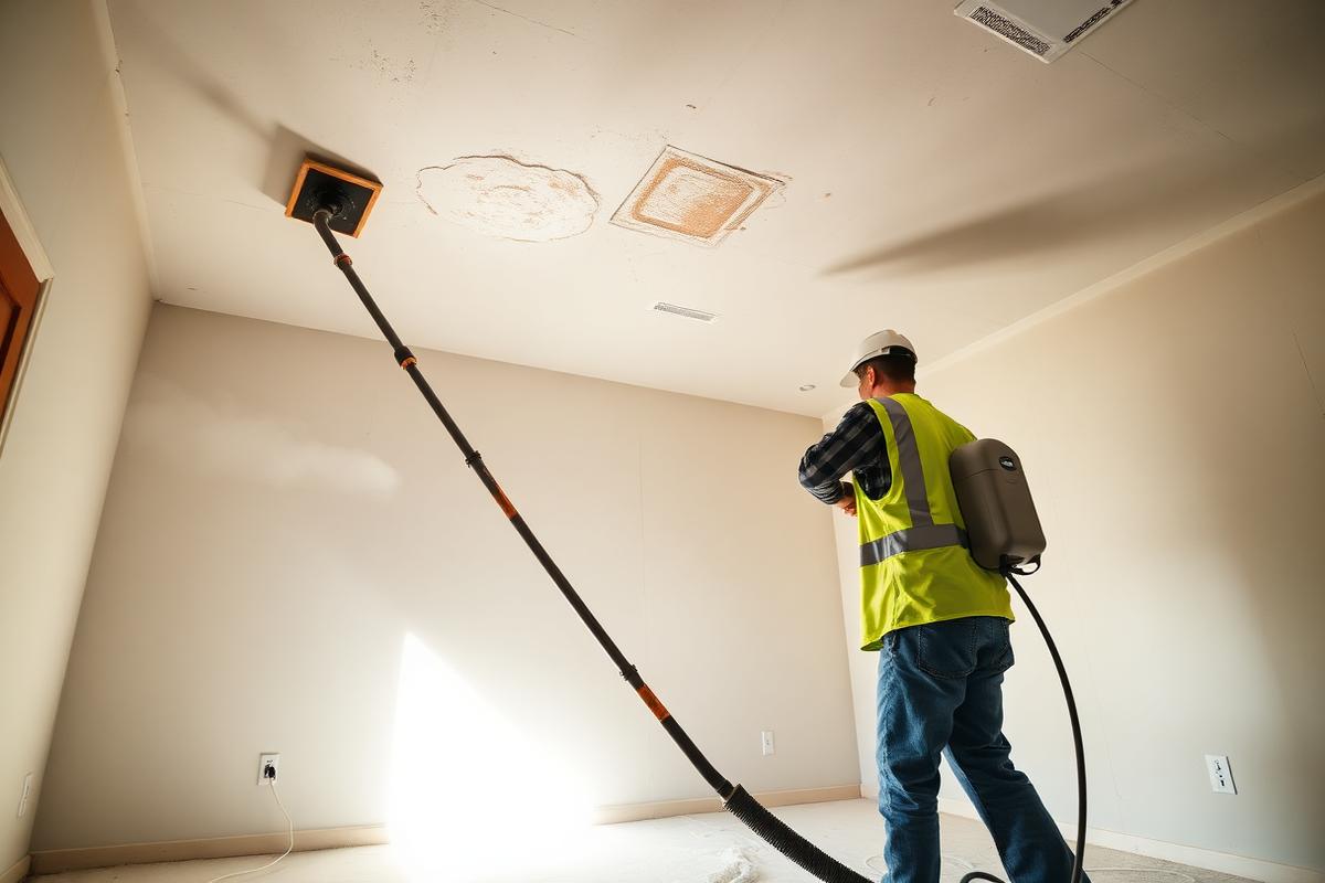 Worker sanding a ceiling with a pole sander connected to a dust extraction vacuum