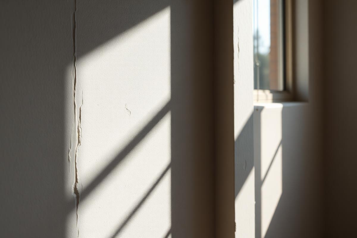 Painted wall with a seam faintly telegraphing under harsh raking sunlight from a window