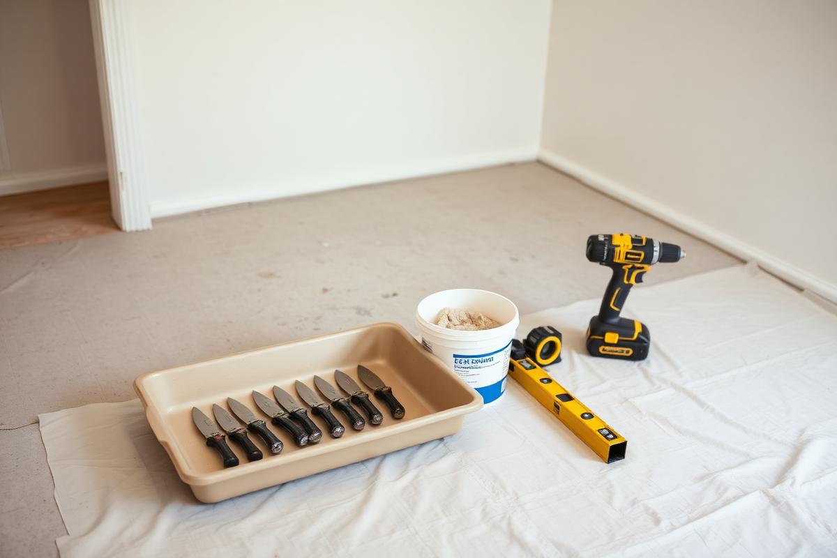 Taping knives, compound and tools laid out neatly on a drop cloth in a cleared room